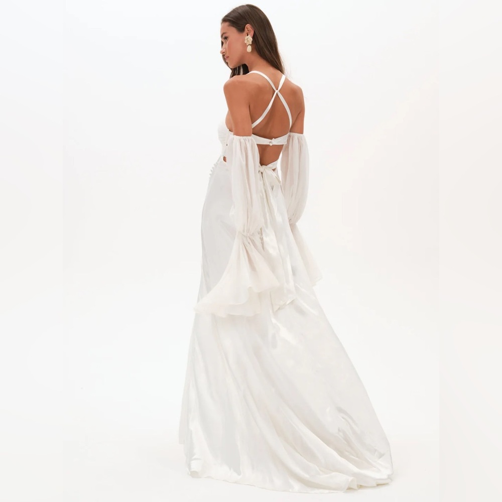 For Love & Lemons White Esme Puff Sleeve Bridal Gown Size Medium - Picture 2 of 13